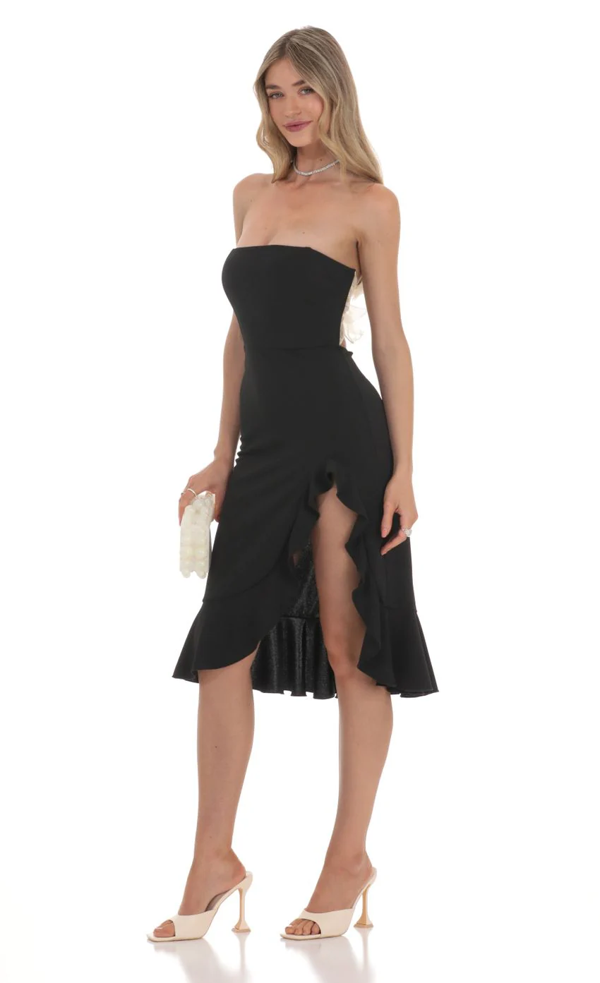 Strapless Back Bow Midi Dress in Black - luluinthesky