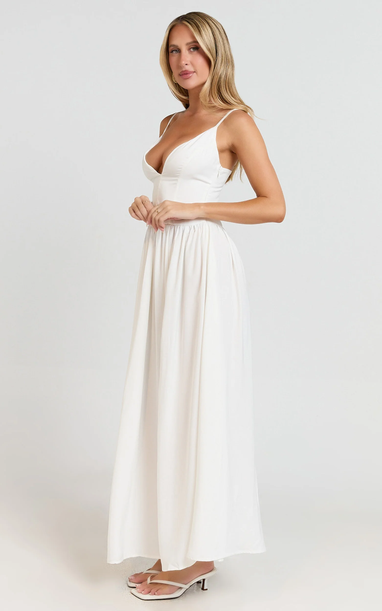 Jamilla Midi Dress - Plunge Drop Waist High Leg Split Dress in Off White