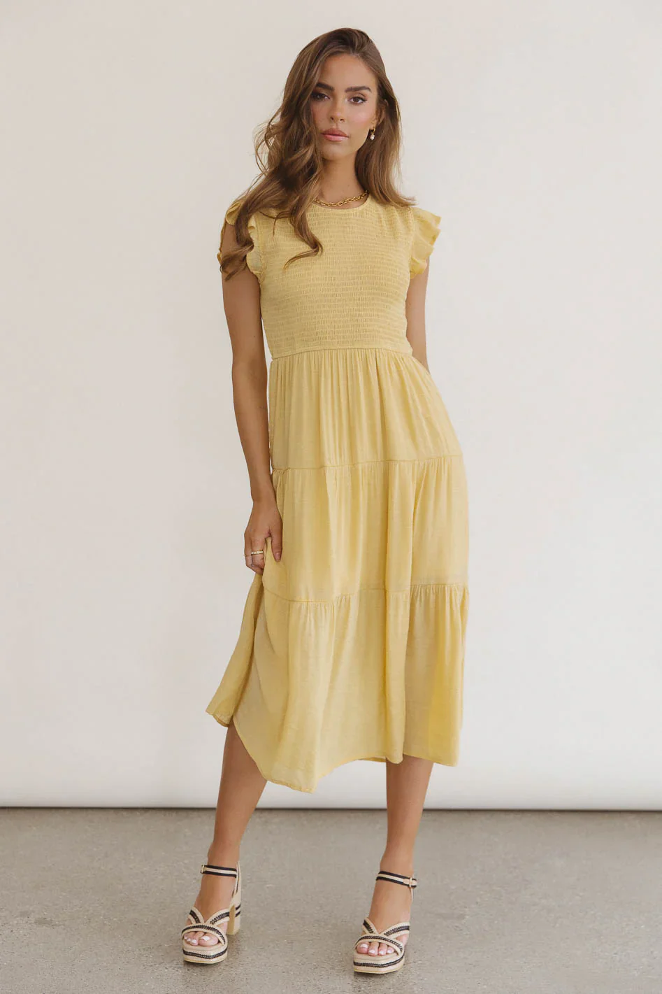 Cara Smocked Midi Dress in Yellow