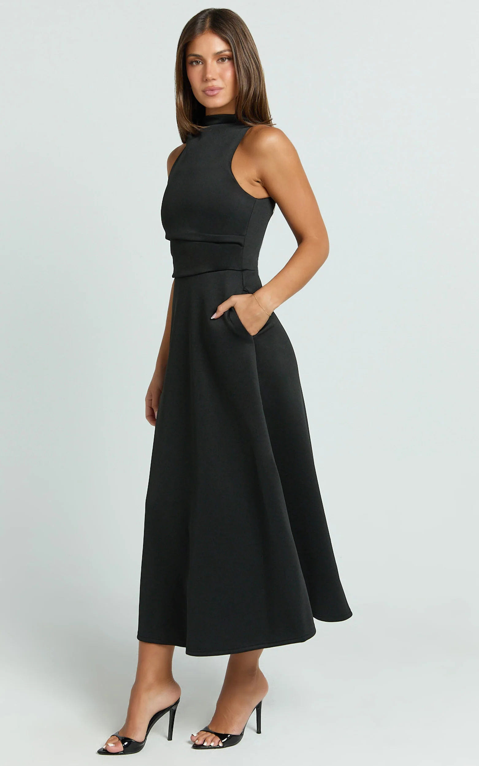 Macy Midi Dress - High Neck A Line Dress in Black