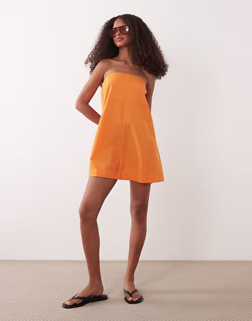 cotton linen bandeau mini sundress in tangerine orange