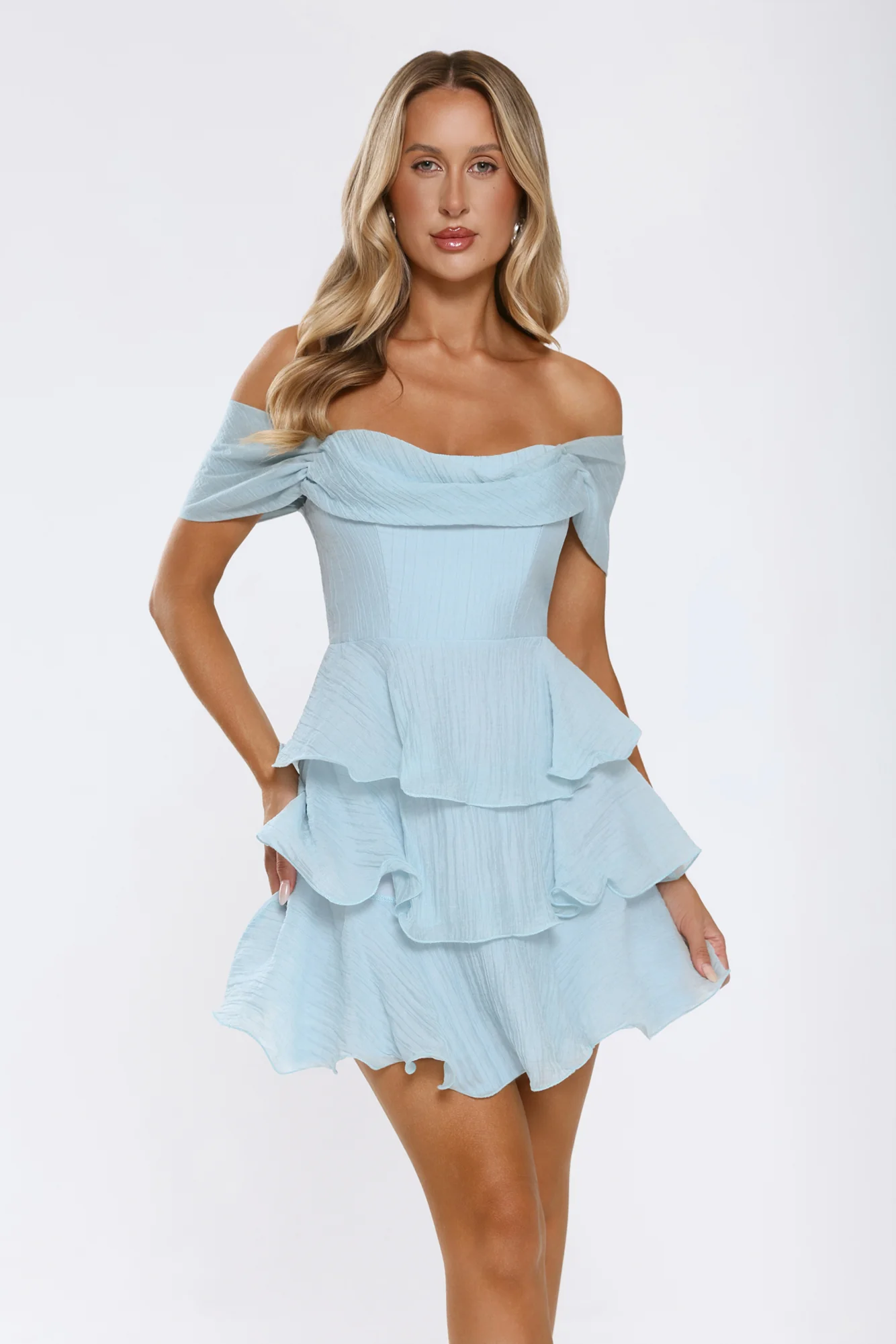 Pretty In The Sun Off Shoulder Mini Dress Blue