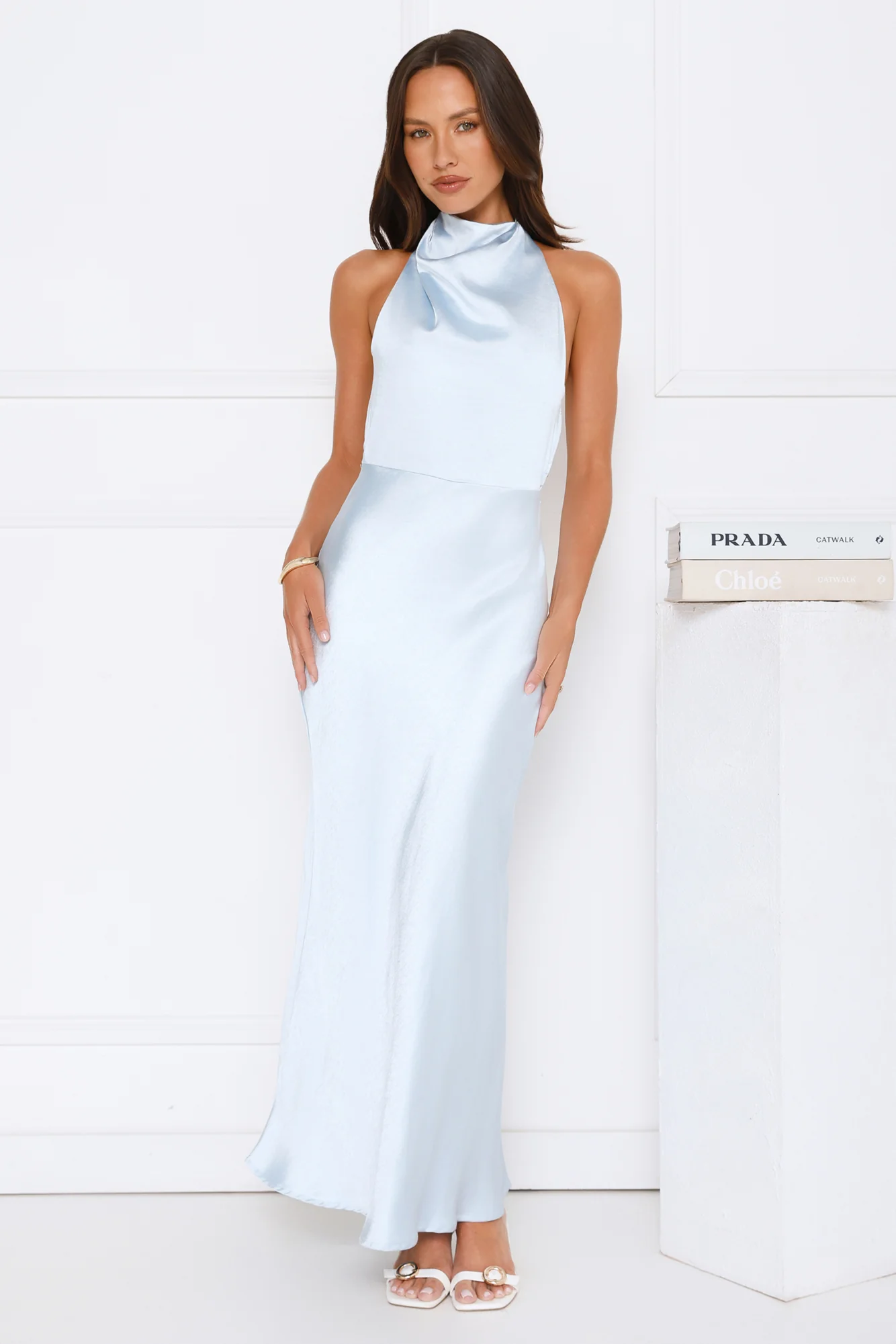 Draped In Diamonds Satin Halter Maxi Dress Blue