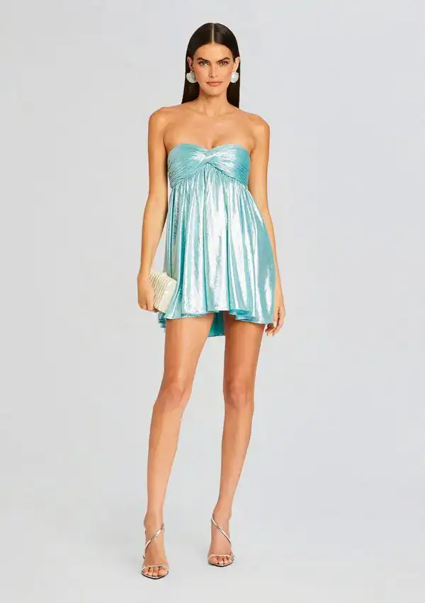Metallic Seafoam Blue Strapless Babydoll Mini Dress