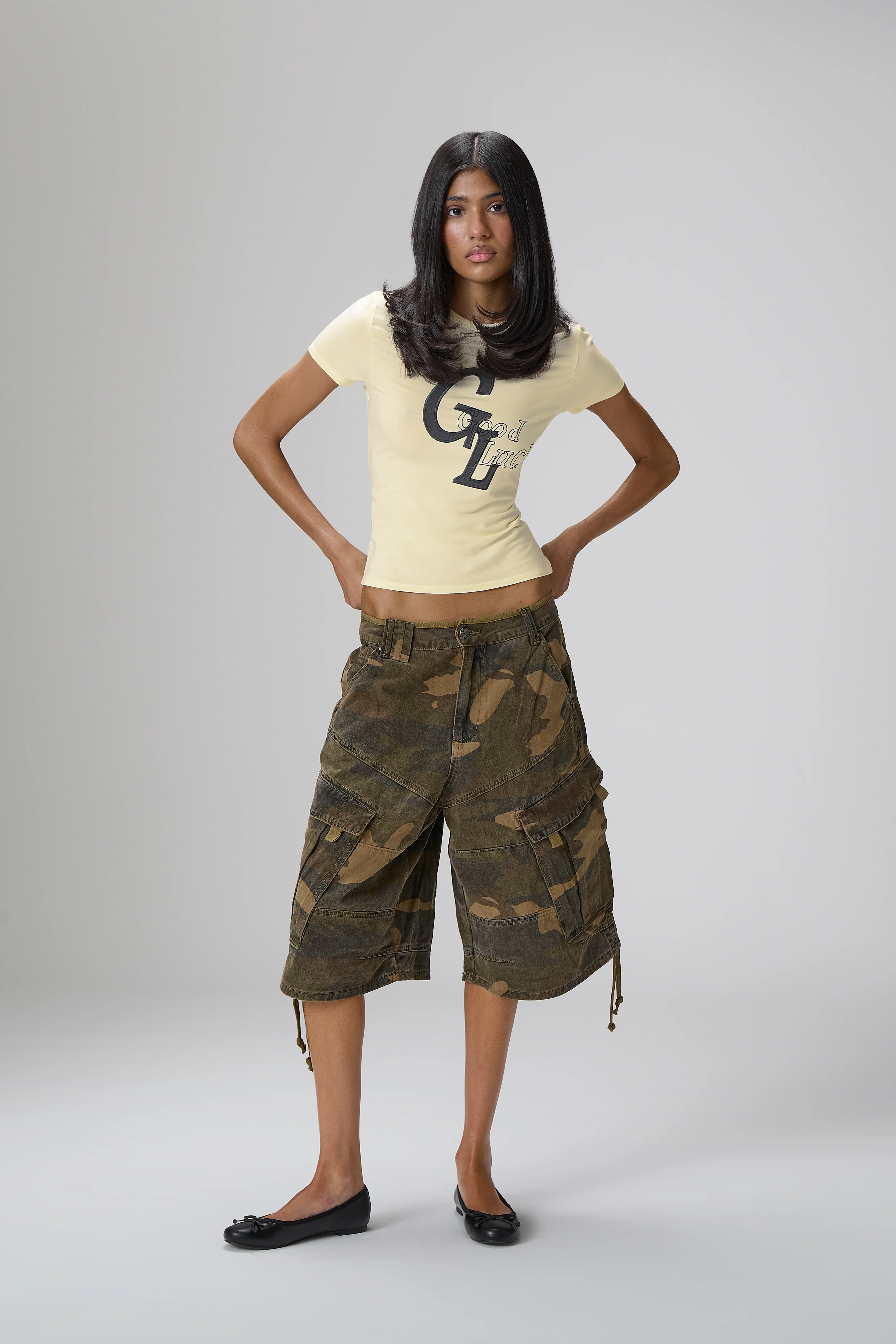 Good Luck Stretch Baby Tee in Yellow