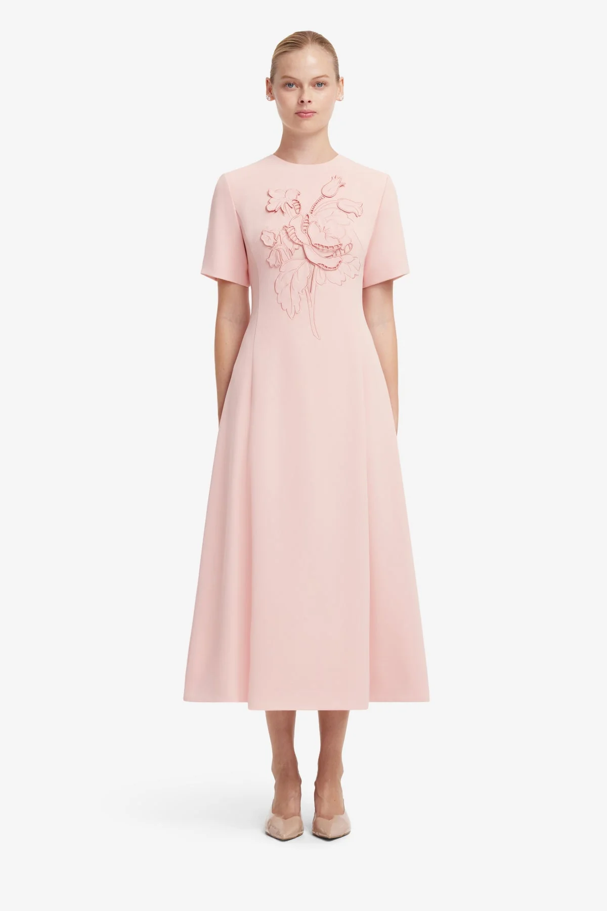 Caroline Appliqué Short Sleeve Midi Dress - Dusty Pink