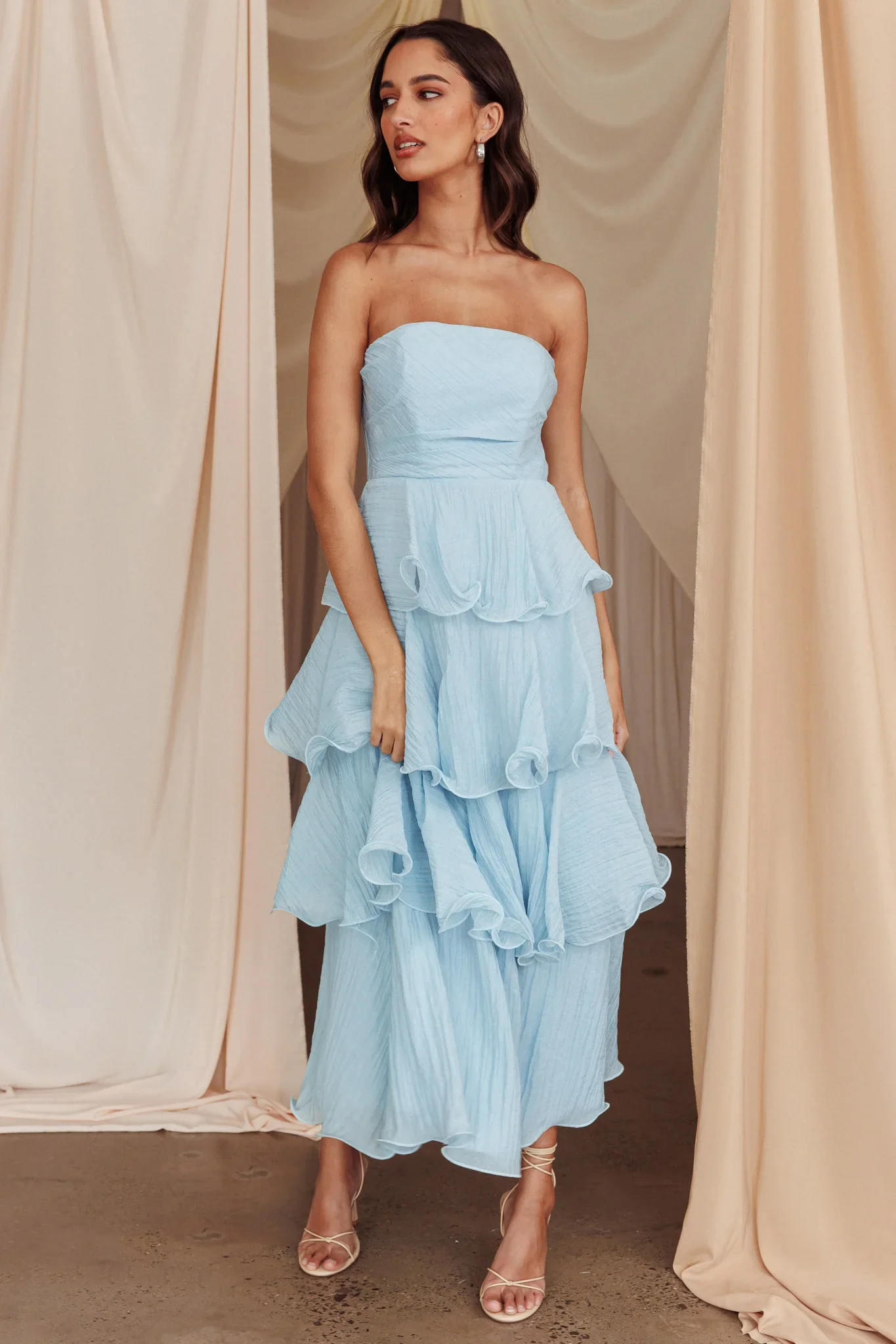 Giavana Strapless Layered Midi Dress Pale Blue