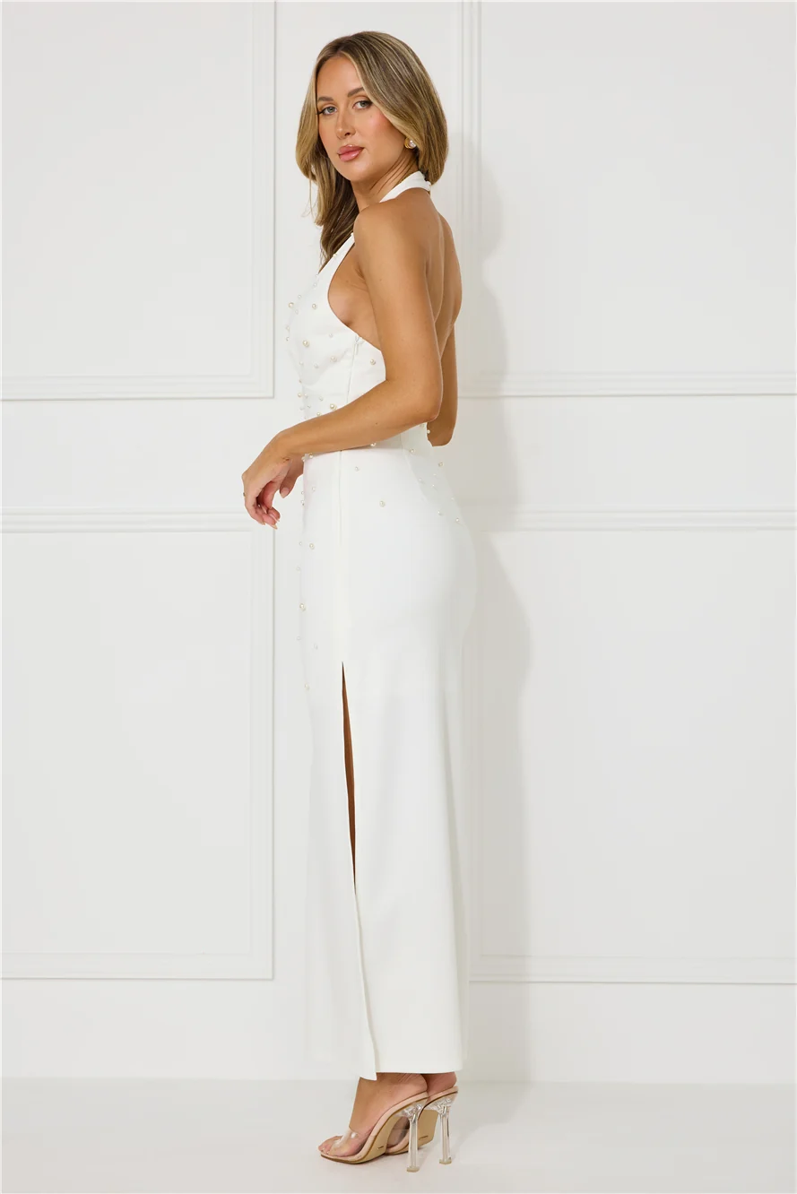 Ocean Beauty Halter Pearl Maxi Dress White