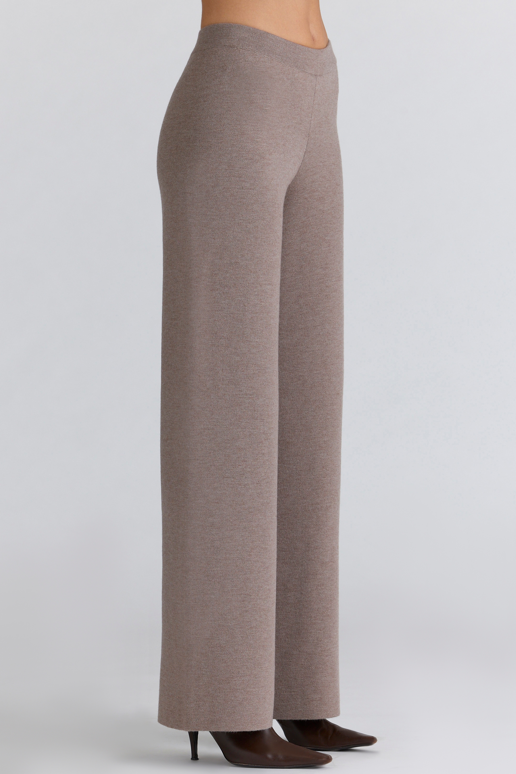 Taupe Wool Wide Leg Trousers