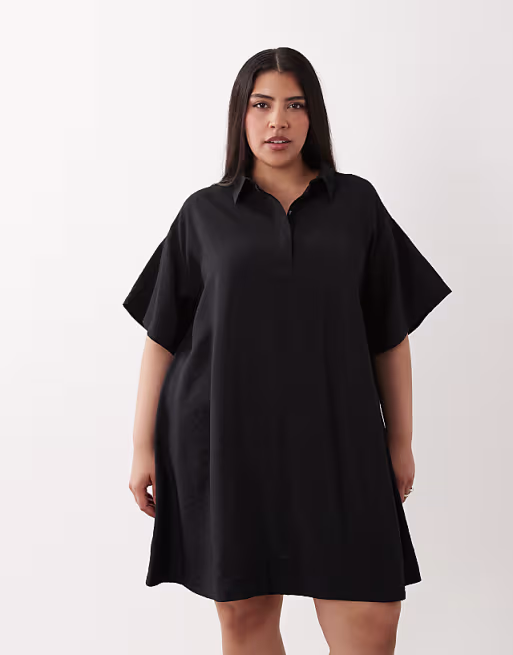 Curve techy fabric relaxed short sleeve mini dress in black