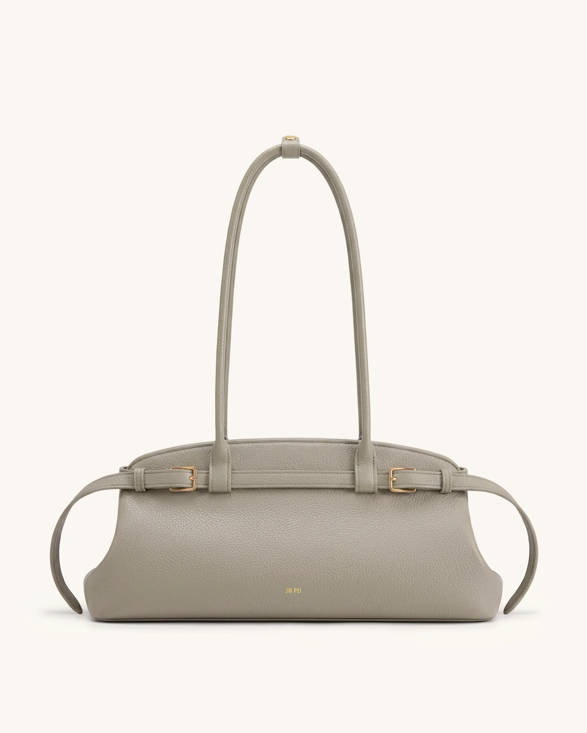 Arden Pebbled Belt Detail East-West Shoulder Bag - Taupe