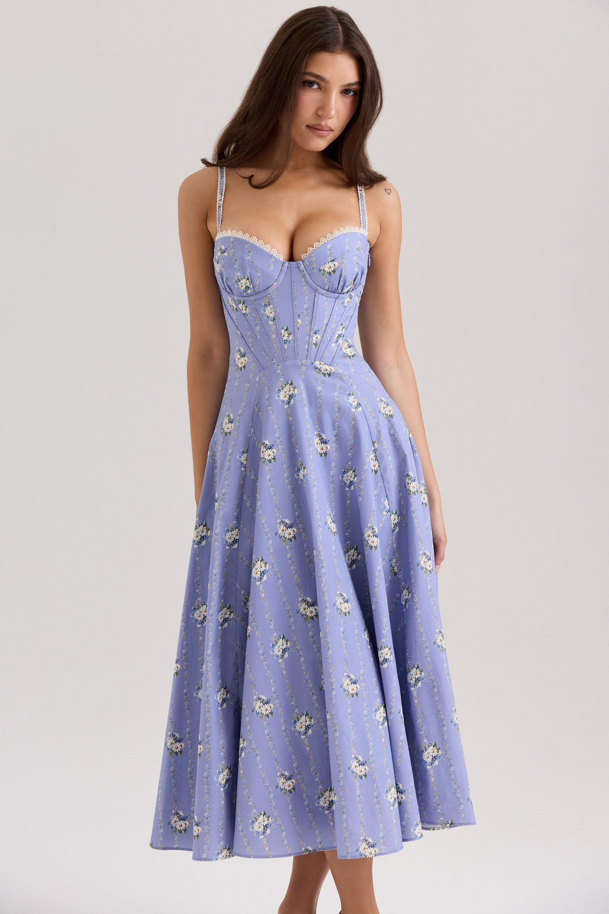 blue daisy print stretch cotton midi sundress