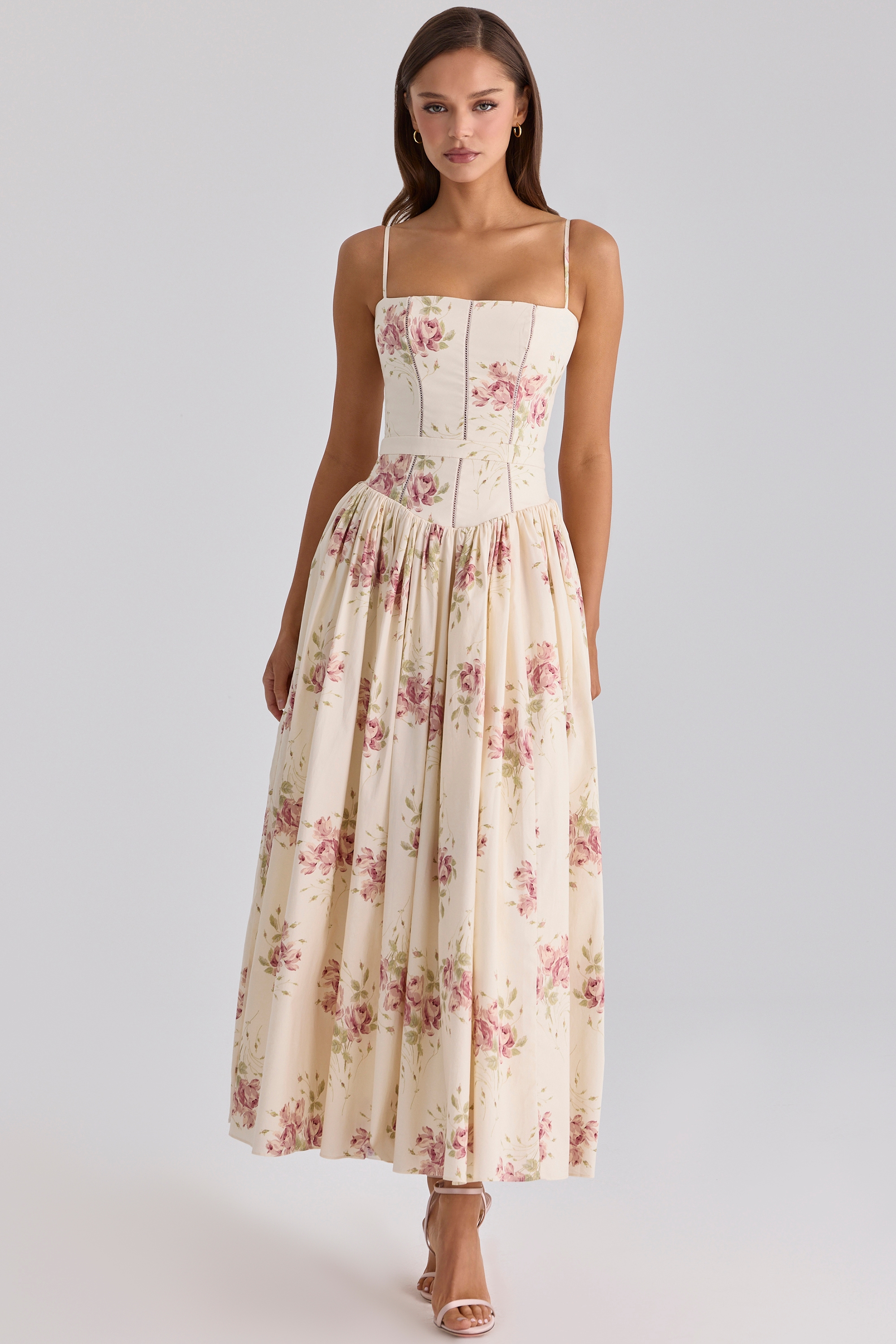 Ivory Vintage Rose Print Cotton Midi Sundress