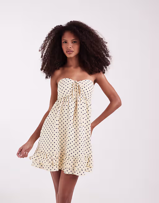 Hollister strapless tie up ruffle babydoll mini dress in yellow polka dots