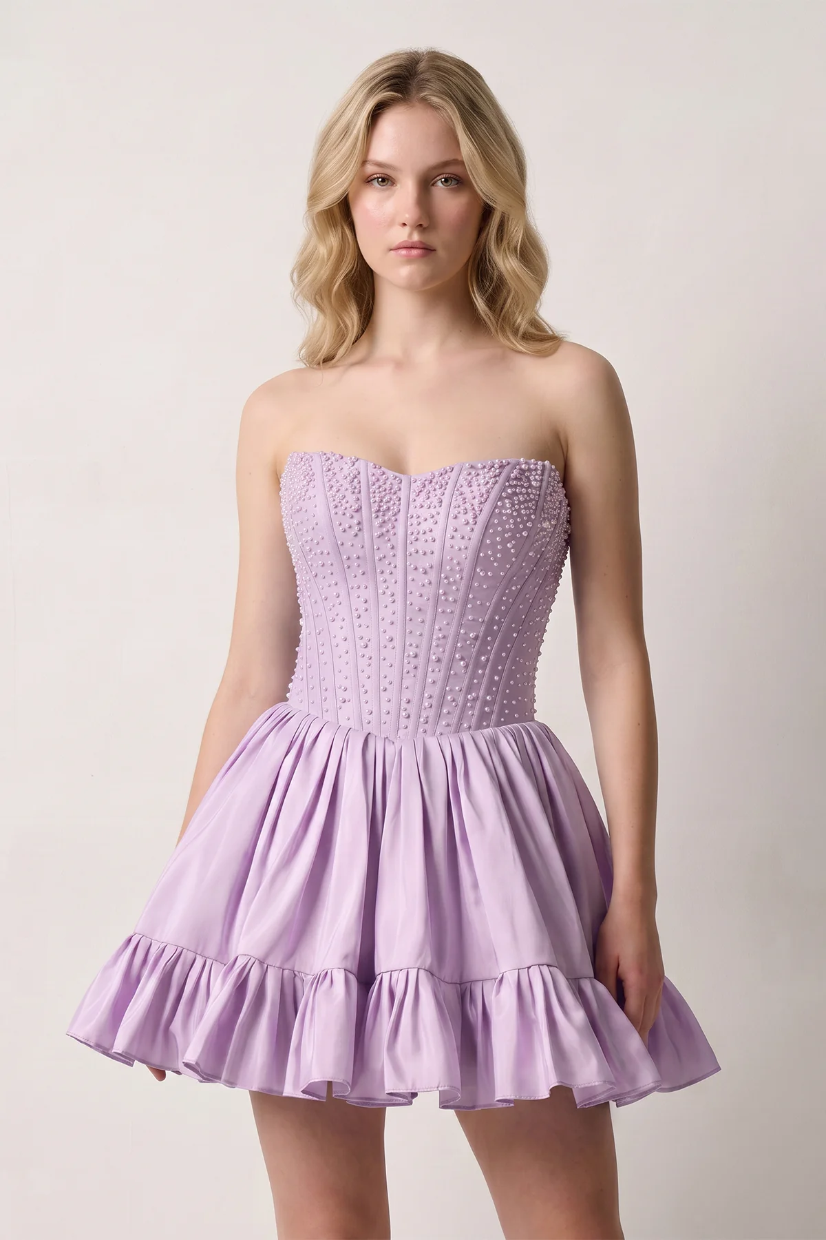 Sky Blue Strapless A Line Satin Ruffles Homecoming Dresses With Pearls