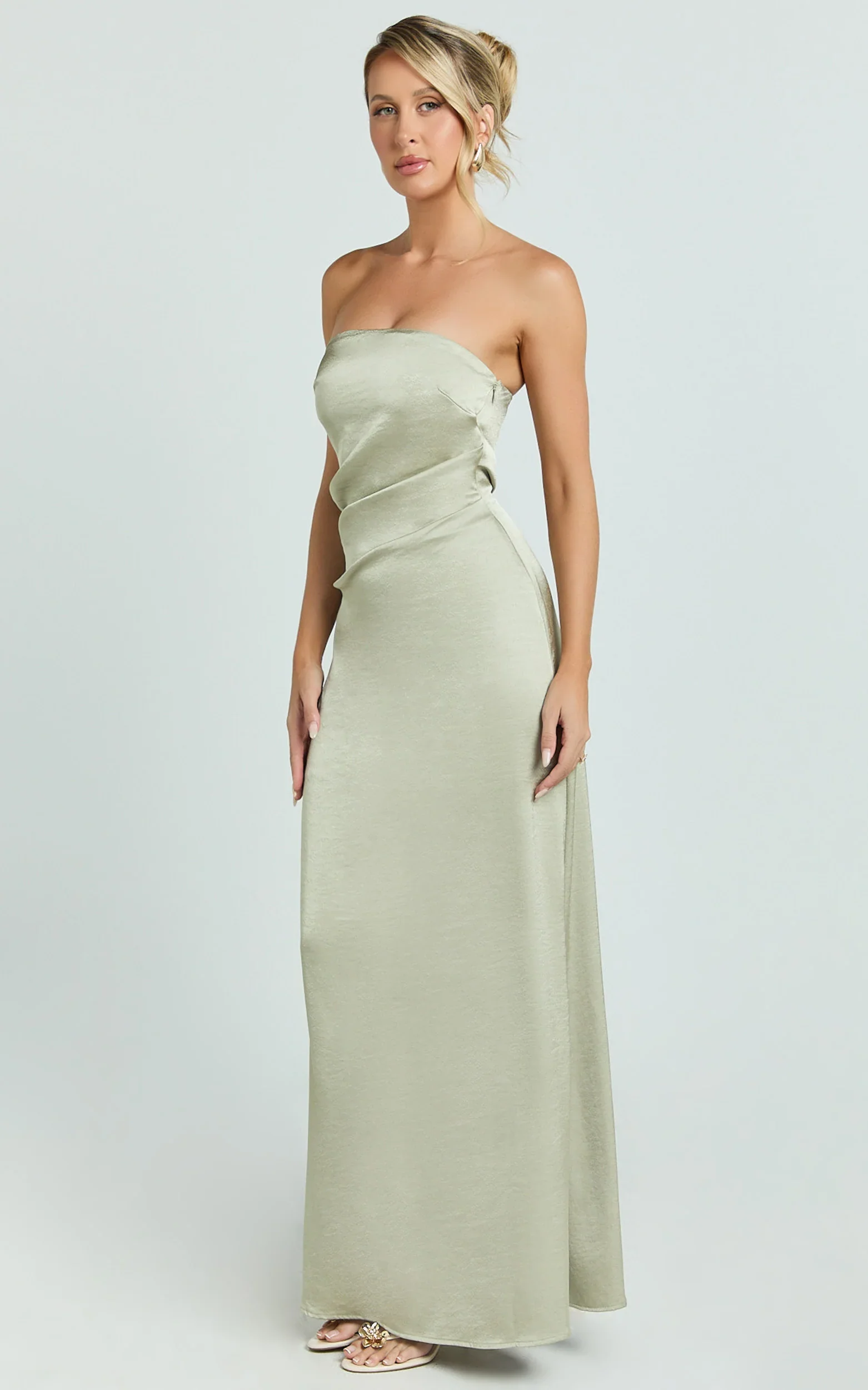 Laurie Maxi Dress - Strapless Draped Satin Dress in Light Olive