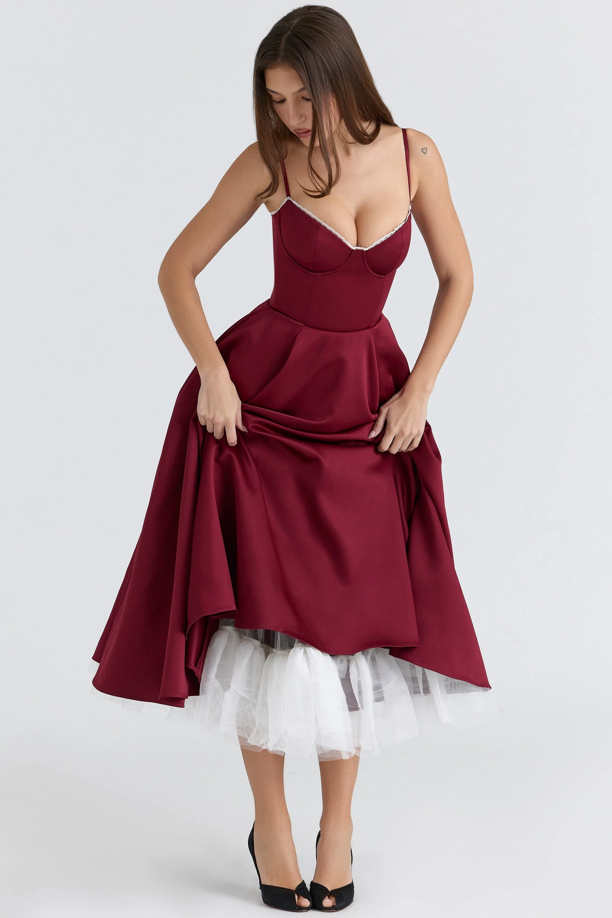 wine satin tulle midi dress