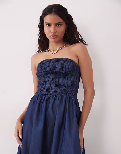Brave Soul chambray strapless midi dress with shirred bodice in indigo