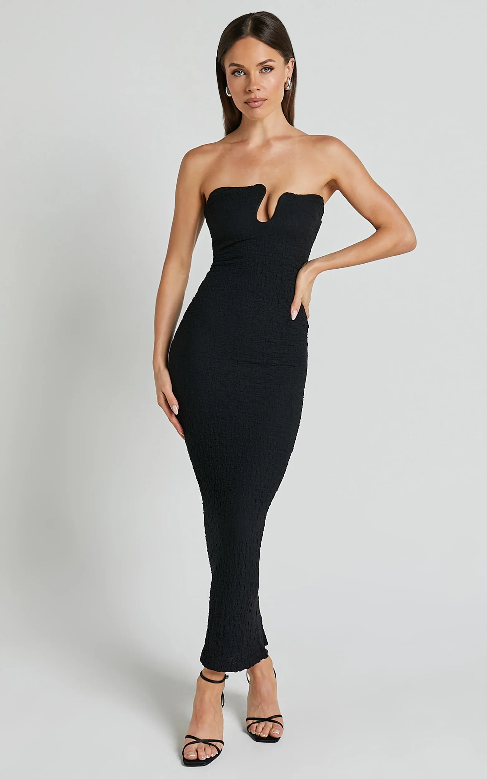 Alberta Midi Dress - Strapless bust detail textured dress in Black