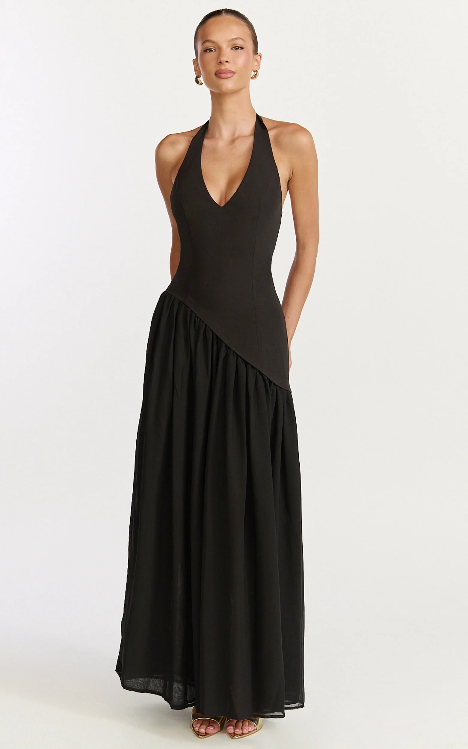 Calla Maxi Dress - Halter Neck Asymmetric Dropped Waist Dress in Black