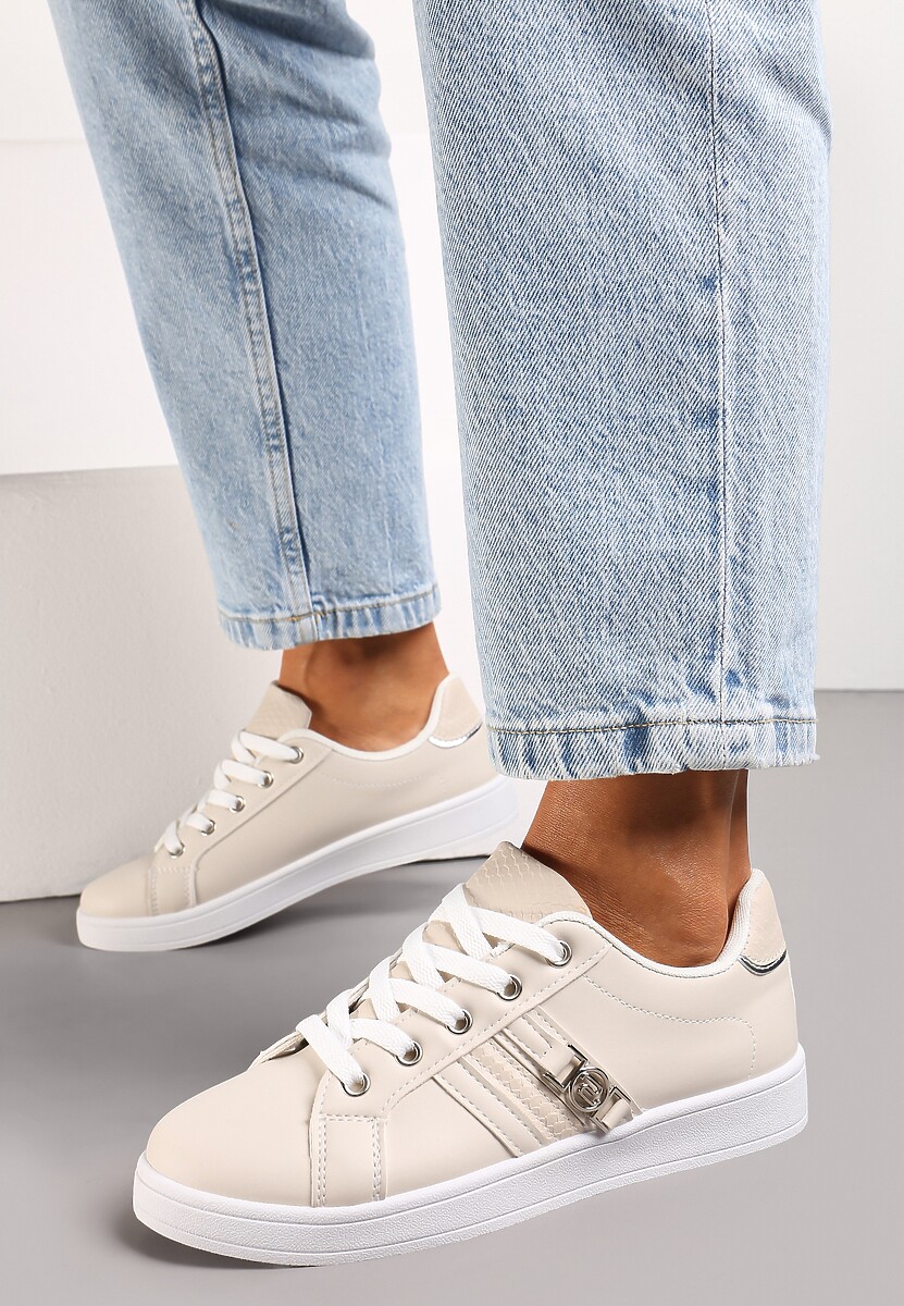 Beżowe Sneakersy z Ozdobną Klamrą i Cholewką przed Kostkę Teralis