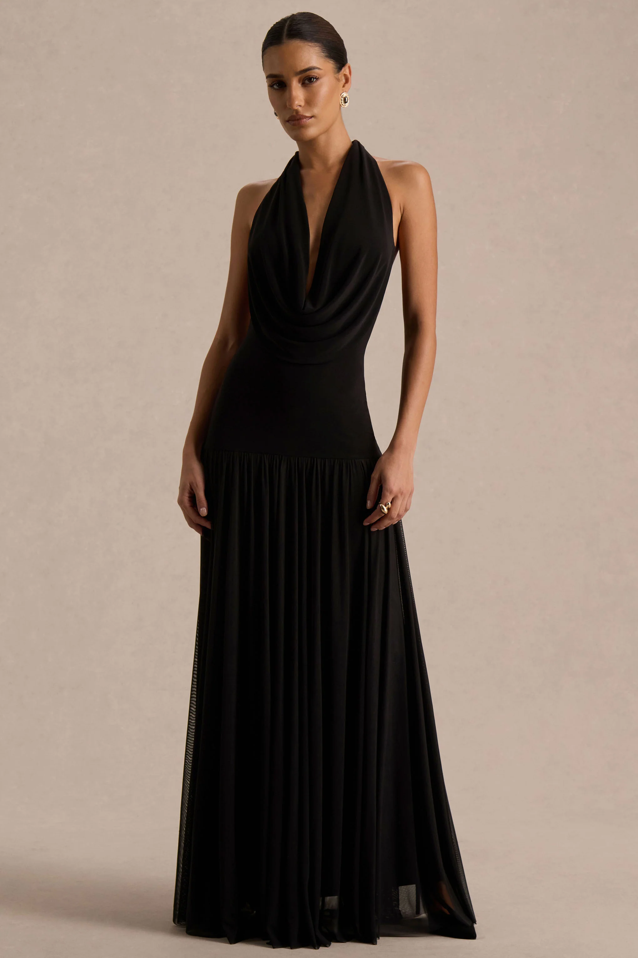 Verity | Black Cowl-Neck Maxi Dress With Sheer-Skirt
