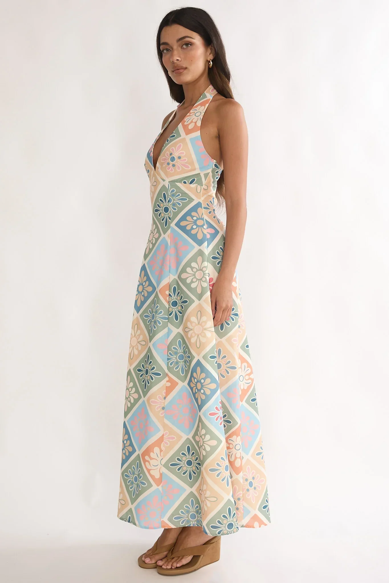 Nolara A-Line Halterneck Maxi Dress Green Multi