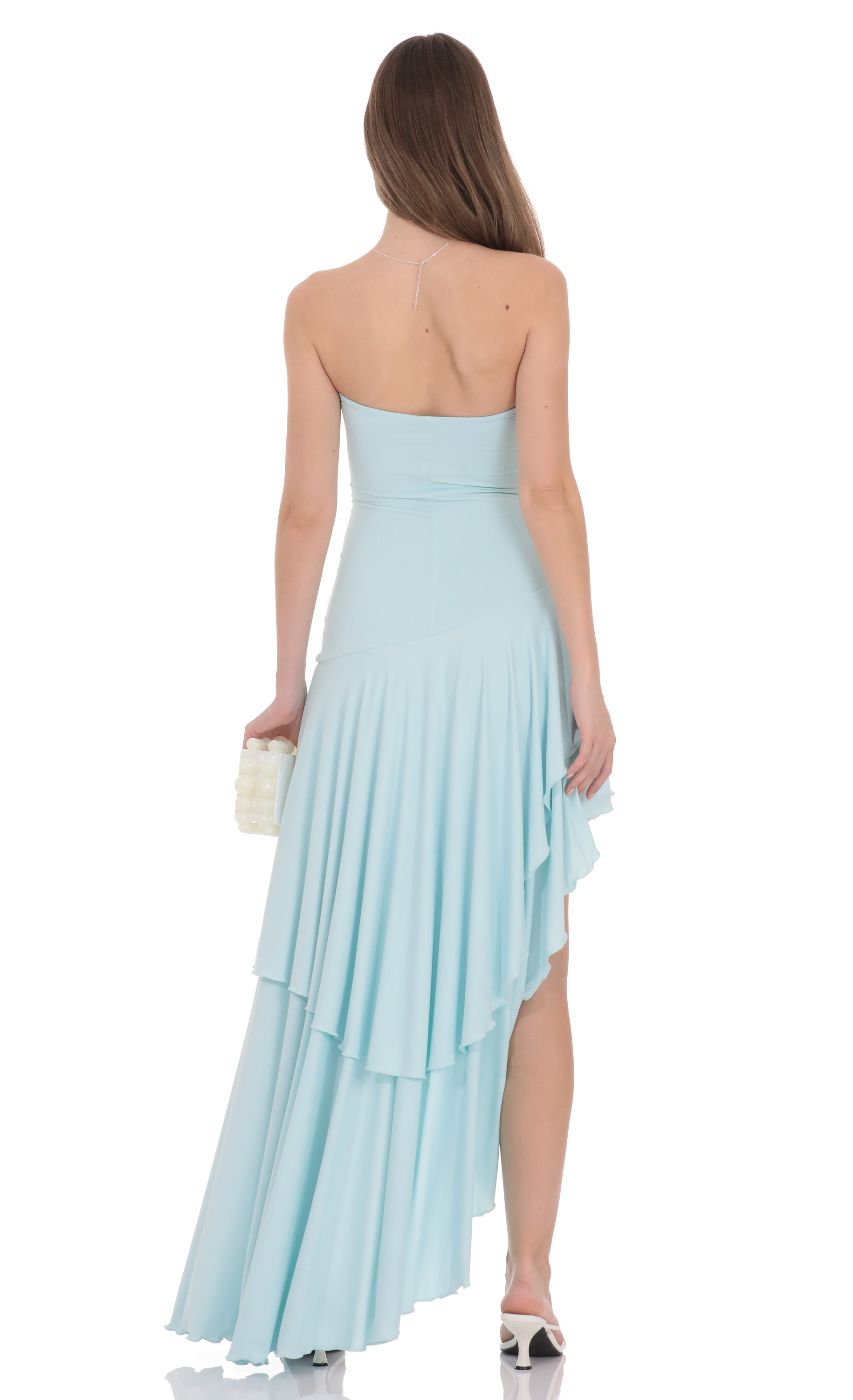Strapless Ruffle Asymmetrical Maxi Dress in Mint - luluinthesky
