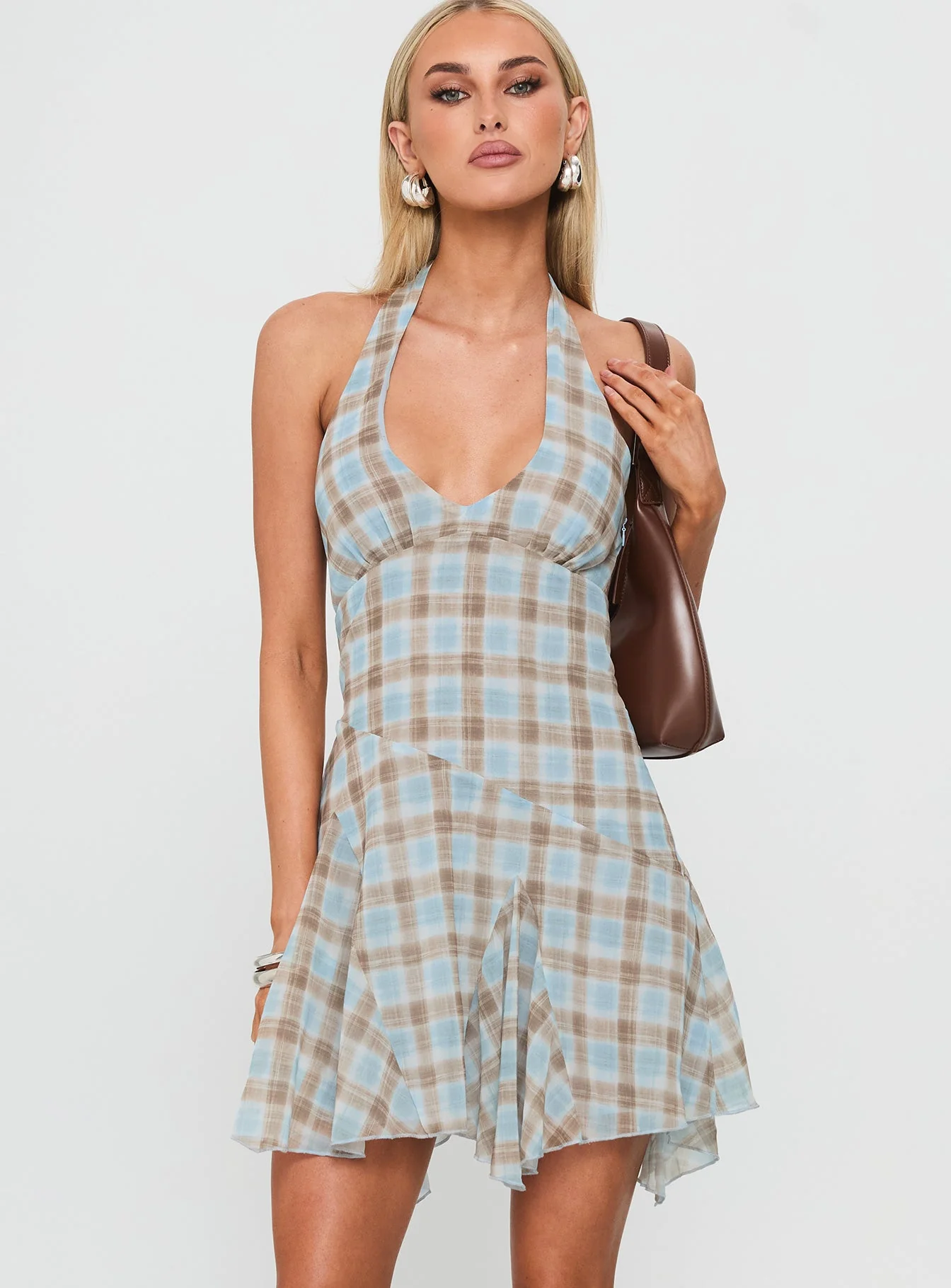 Valorie Halter Mini Dress Blue Check