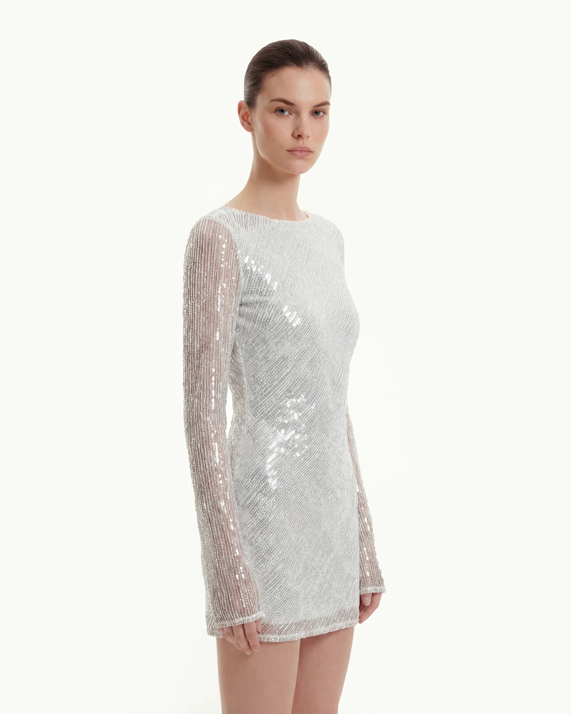 Diagonal Sequin Open-Back Long Sleeve Mini Dress - White - FASHION NOB
