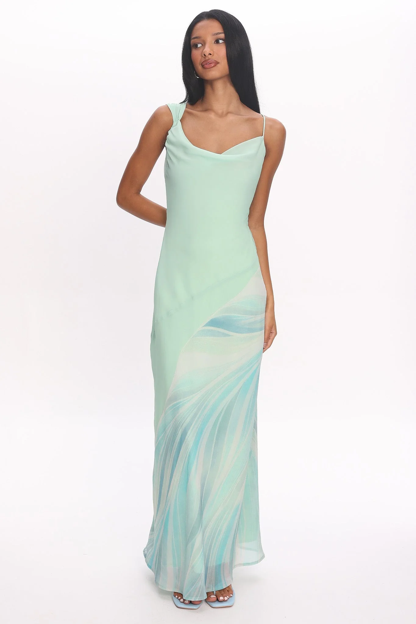Astoria Asymmetric Cowl Neckline Maxi Dress Abstract Mint