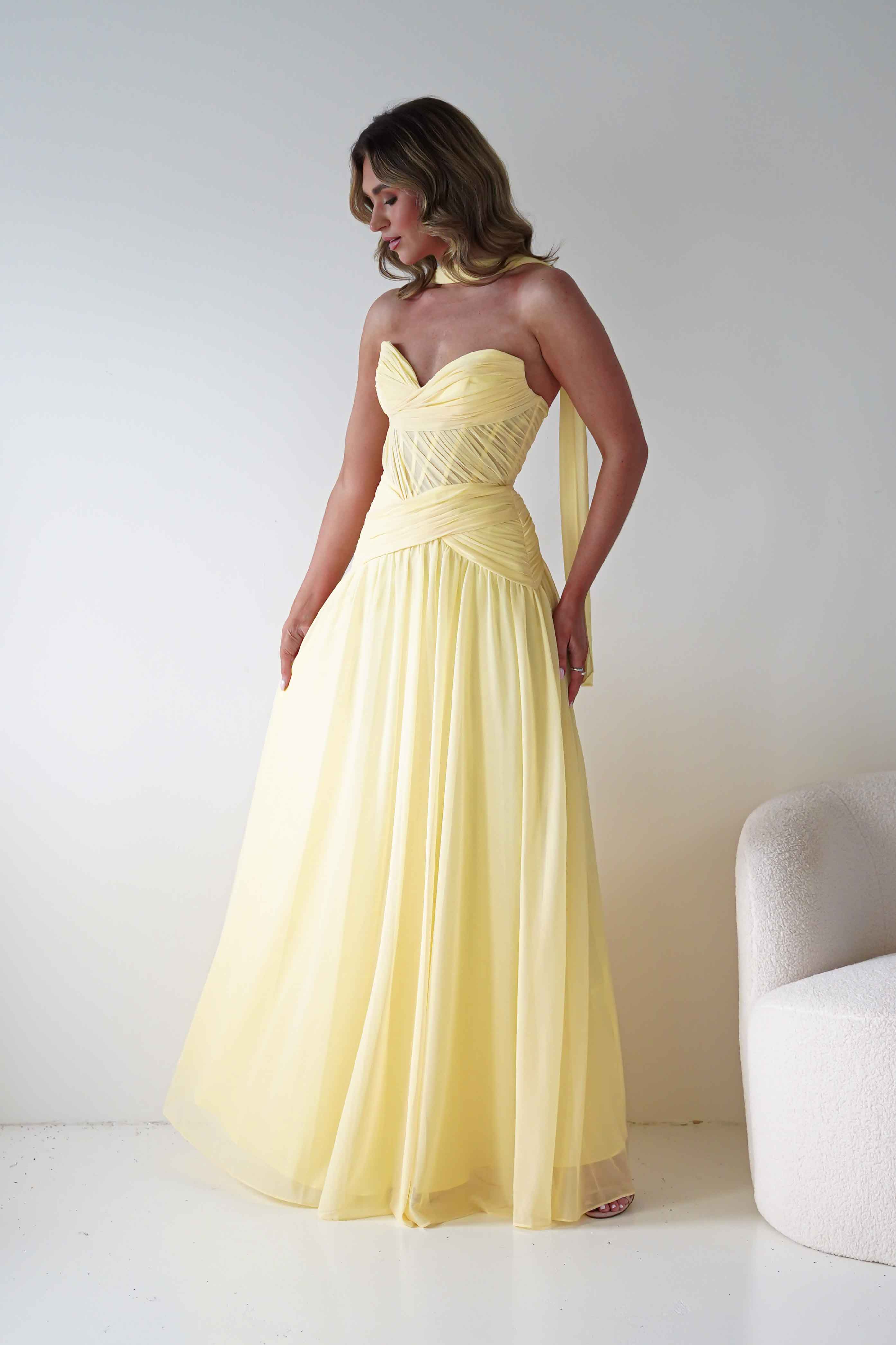 Nicolette Strapless Chiffon Maxi Gown | Yellow