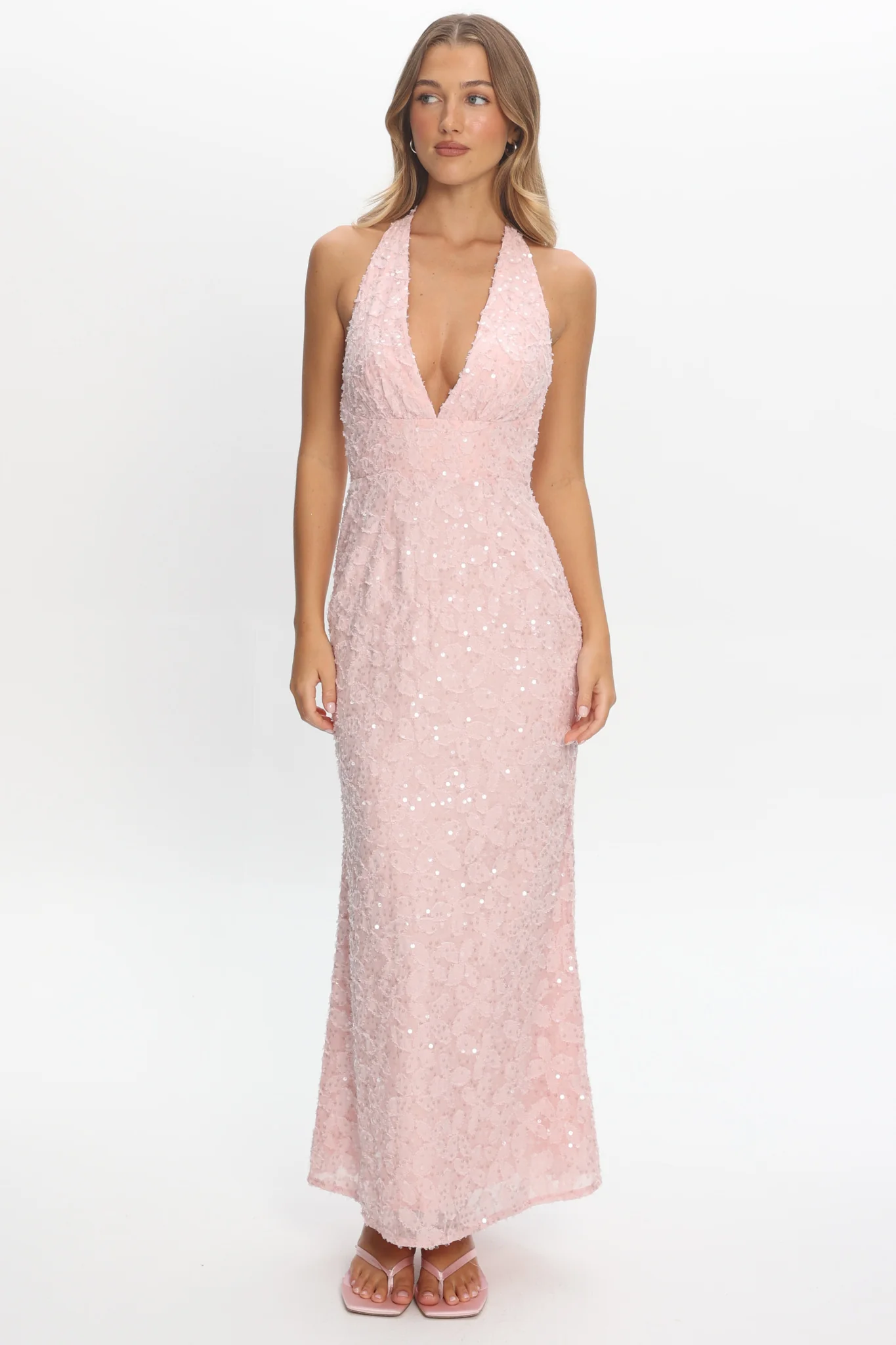Ruelle Backless Halter Maxi Dress Sequin Blush - luluinthesky