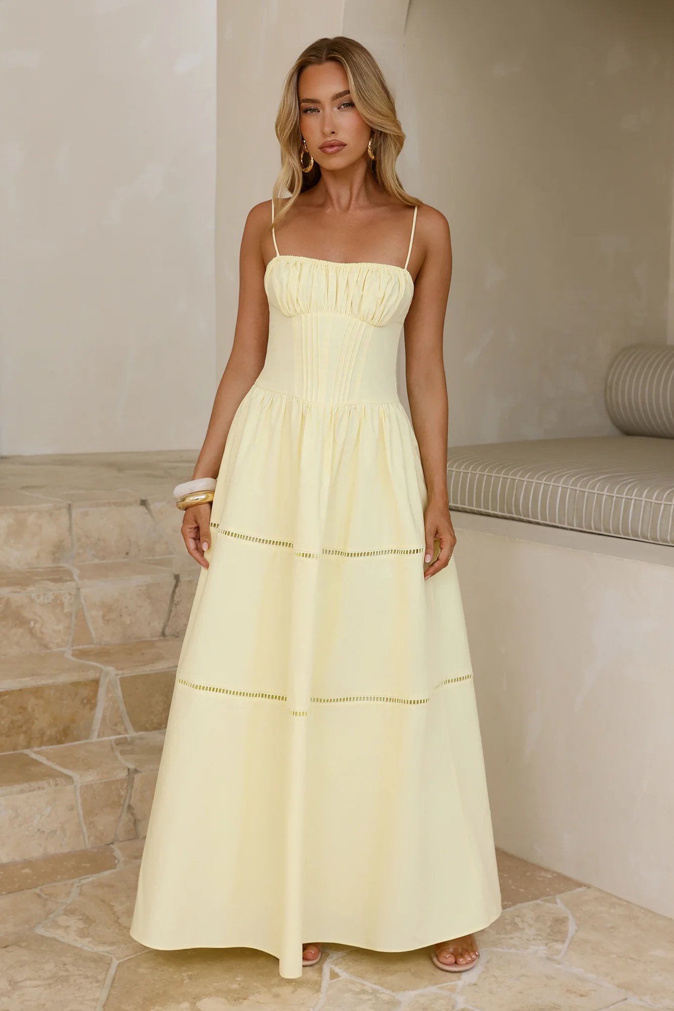 Sunny Day Embroidered Tiered Maxi Dress Yellow