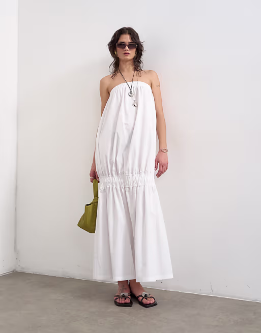 Topshop poplin bandeau super dropped waist maxi dress in white