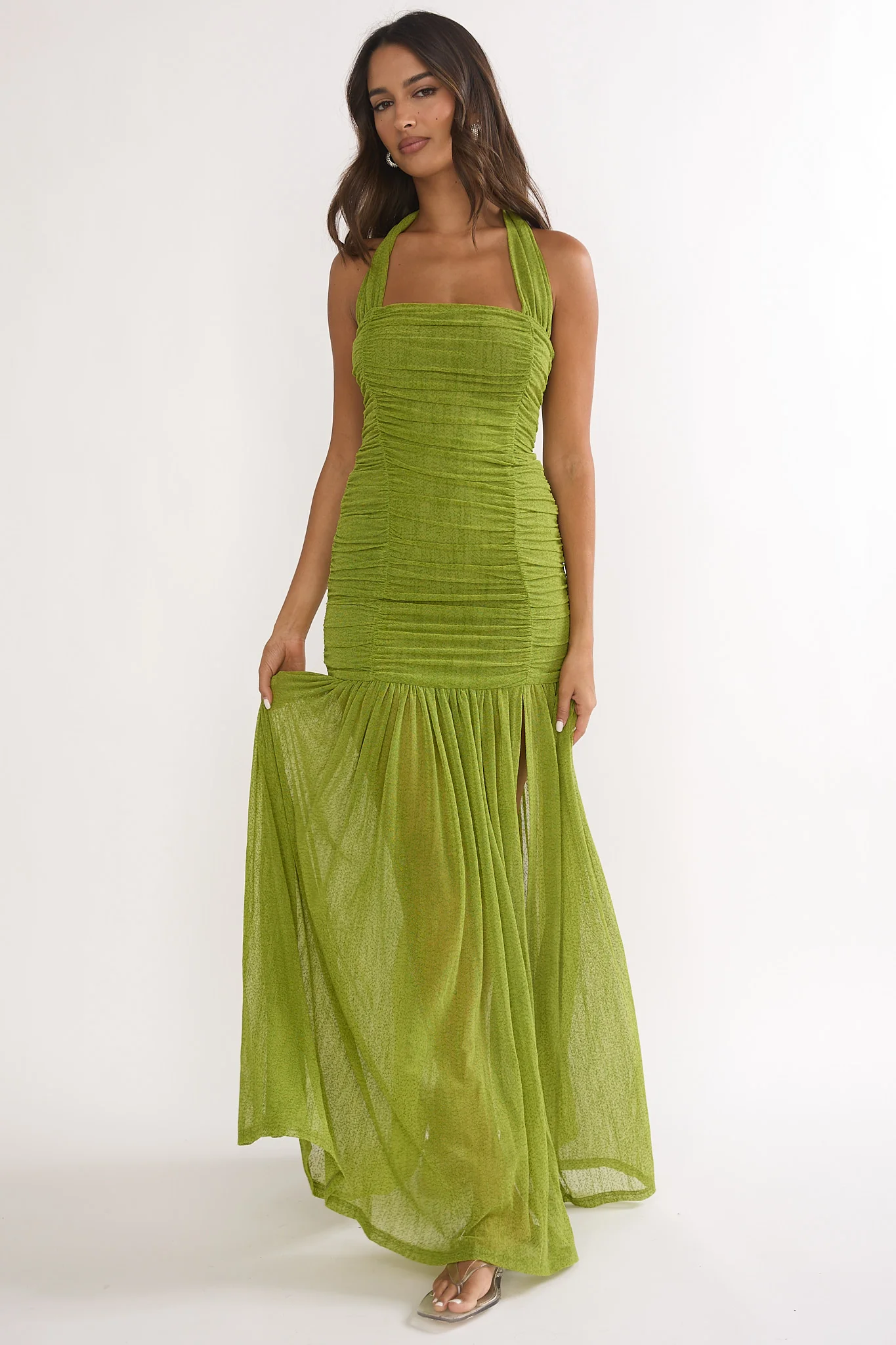 Galinda Ruched Bodice Halterneck Maxi Dress Olive