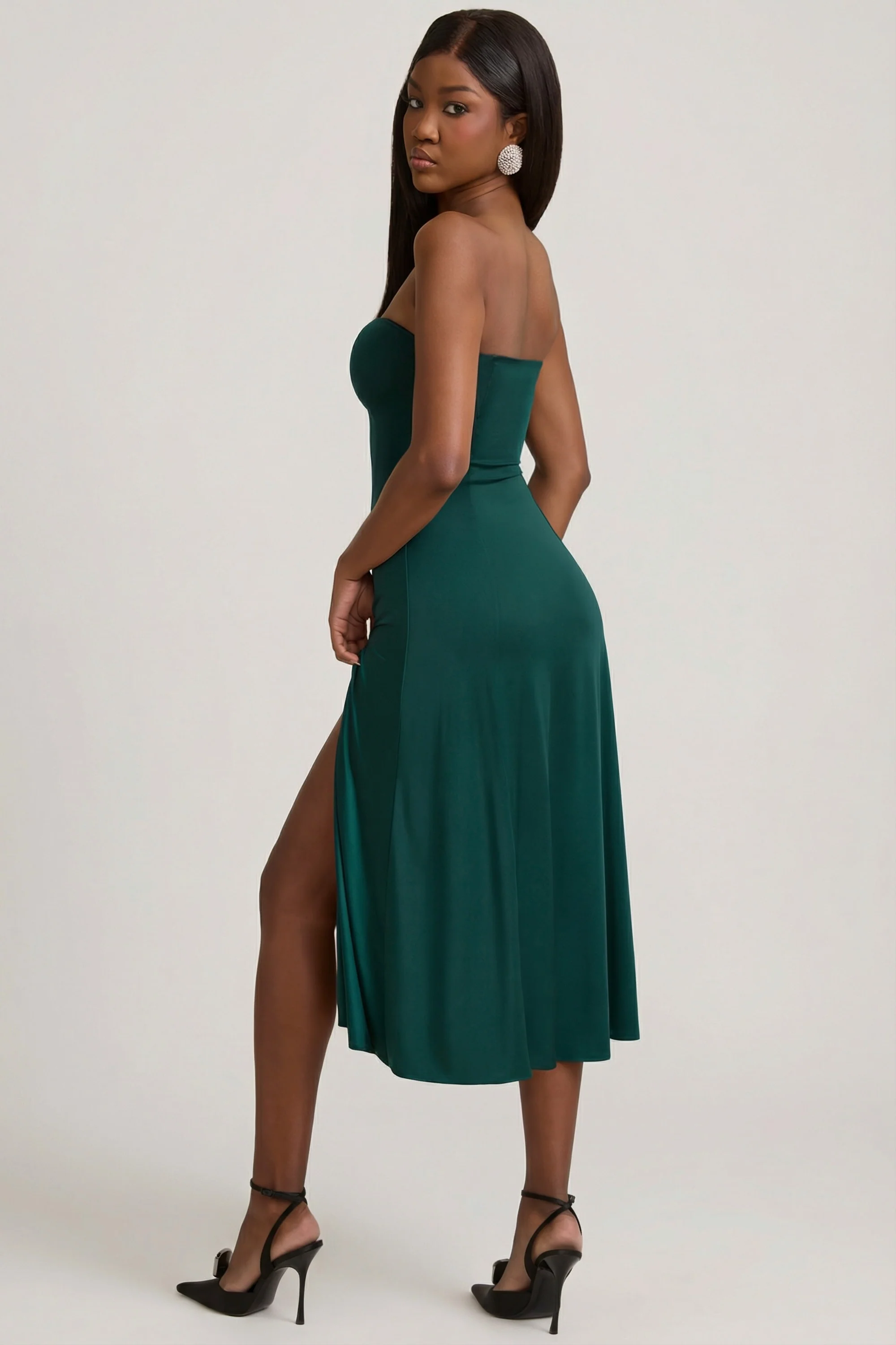 Slinky Jersey Strapless A-Line Midaxi Dress in Emerald Green