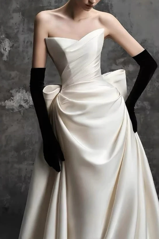 A-Line Sweep-Brush Train Satin Wedding Dress 814546469493