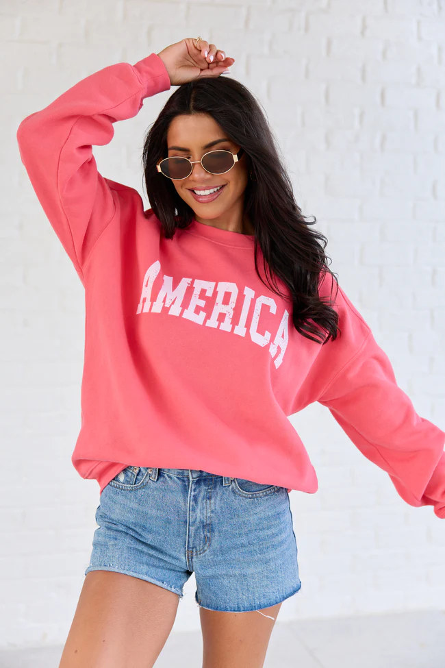 America Distressed Light Red Graphic Sweatshirt