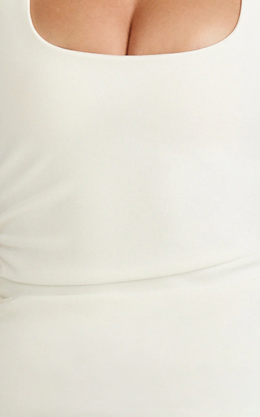 Lucinda Mini Dress - Scoop Neck Ruched Bodycon Dress in White - luluinthesky