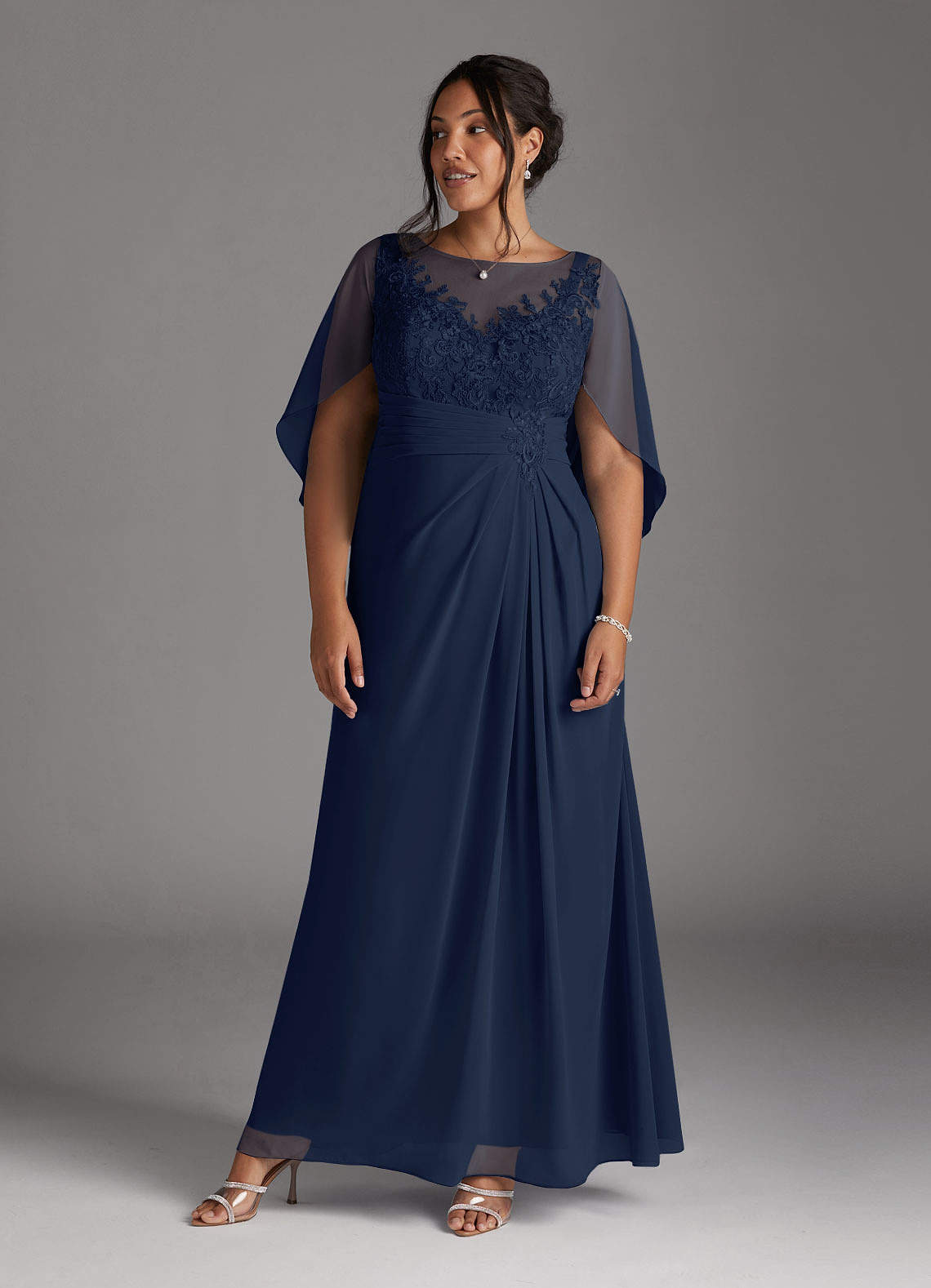 Dark Navy A-Line Lace Capelet Chiffon Dress