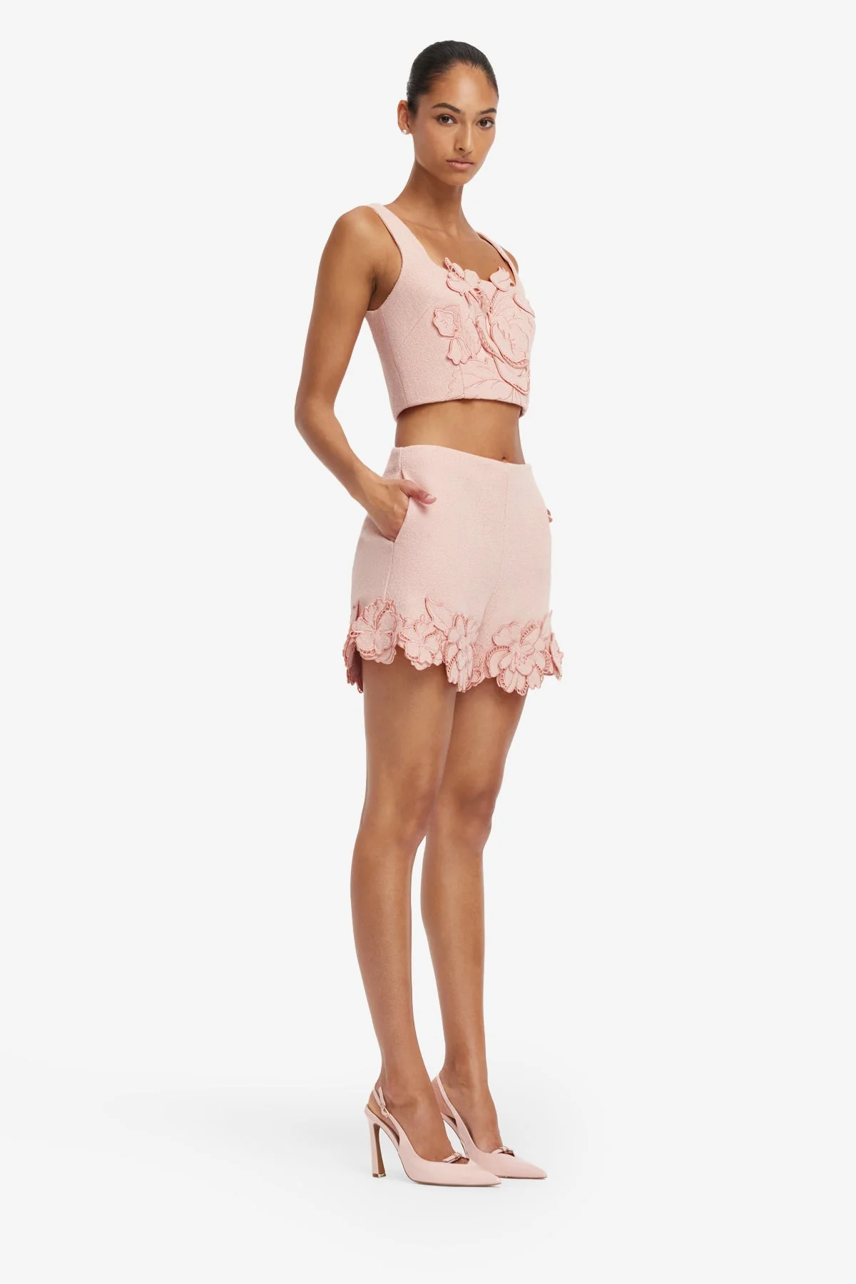 Vivian Appliqué Tweed Crop Top - Dusty Pink