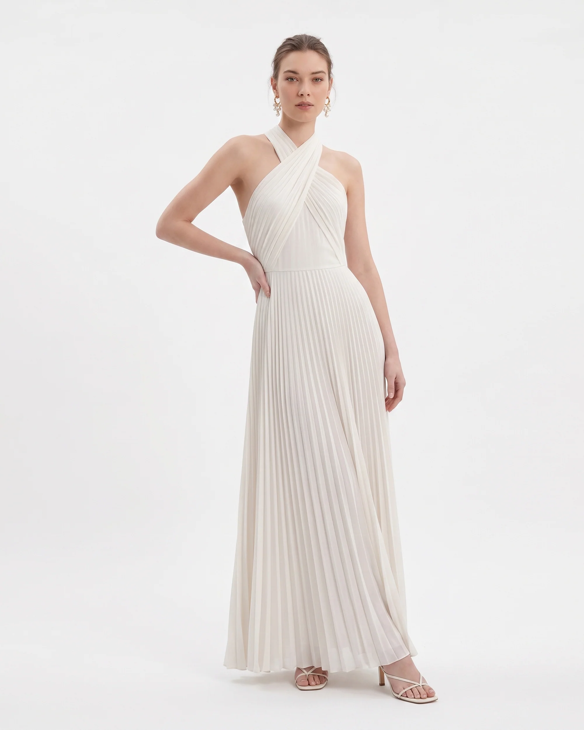 Pleated Cross Halter Maxi Dress - Ivory - FASHION NOB