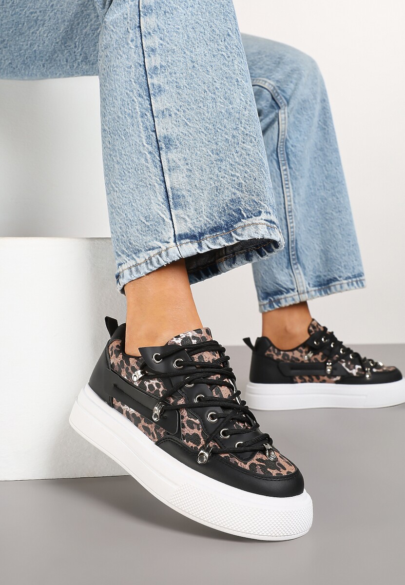 Czarno-Białe Sneakersy ze Wzorem w Panterkę Doridi