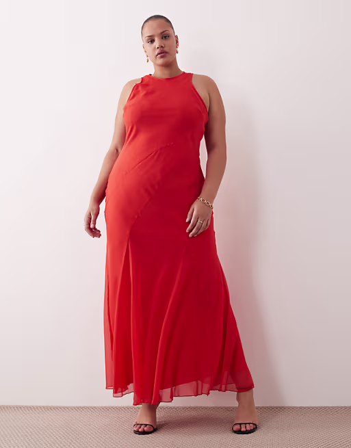 Curve racer neck bias maxi dress with godet hem in red