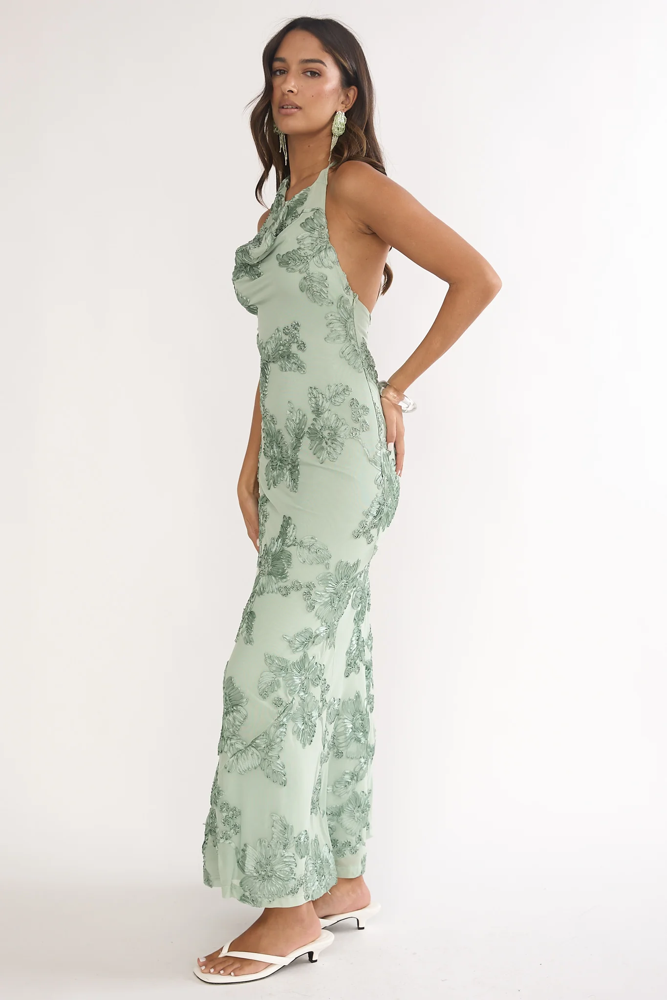 Kirralee Asymmetric Halterneck Embellished Maxi Dress Aqua Green