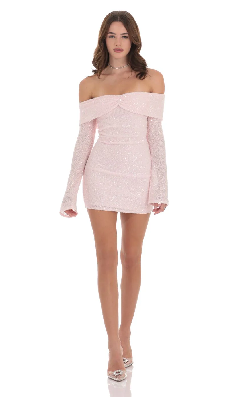 Sequin Off Shoulder Dress in Pink - luluinthesky