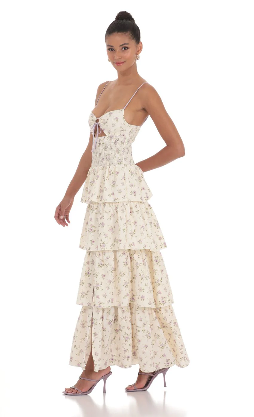 Floral Cutout Ruffle Maxi Dress in Cream - luluinthesky