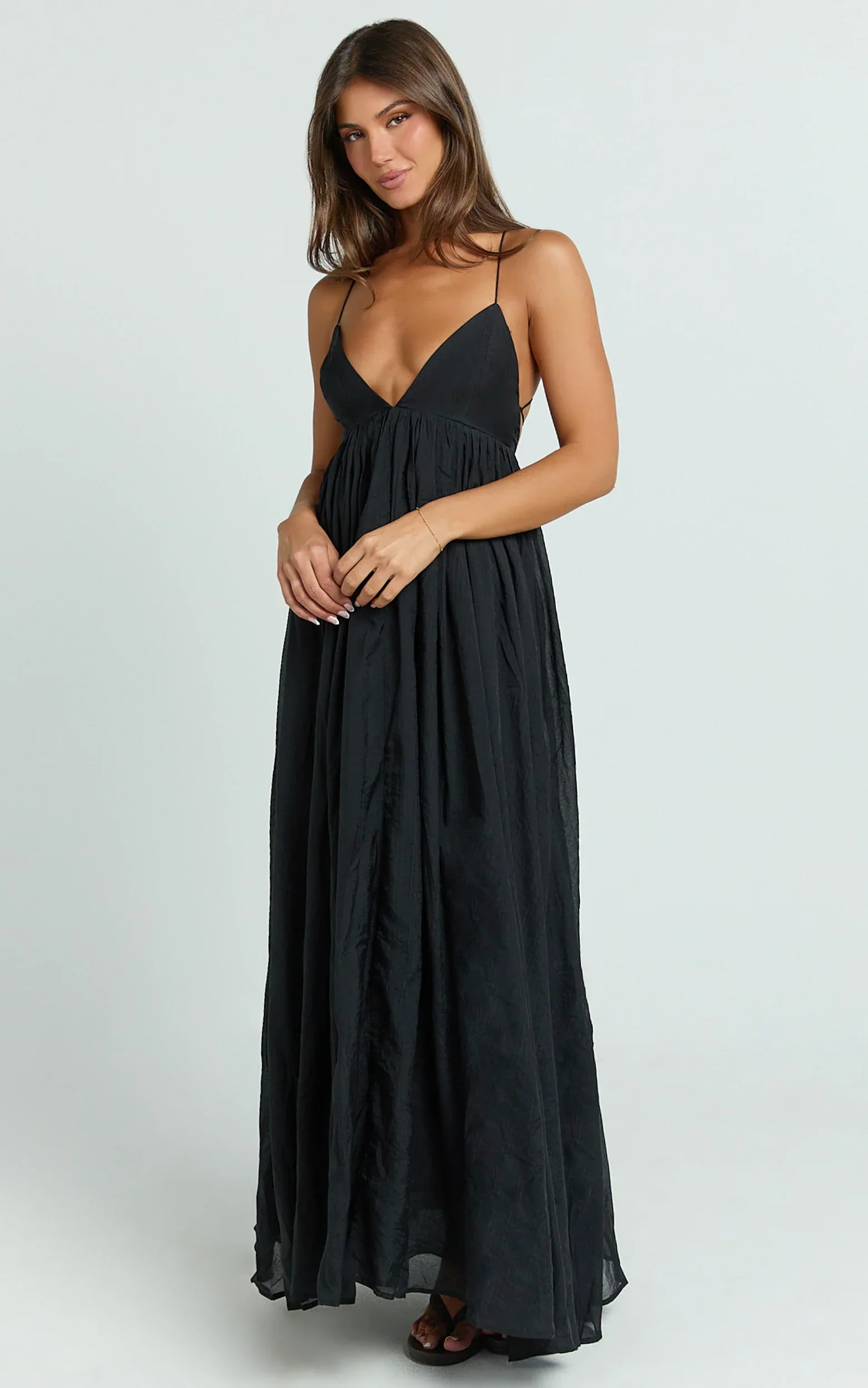 Kourtney Maxi Dress - Plunge V Neck Fit And Flare Dress in Black