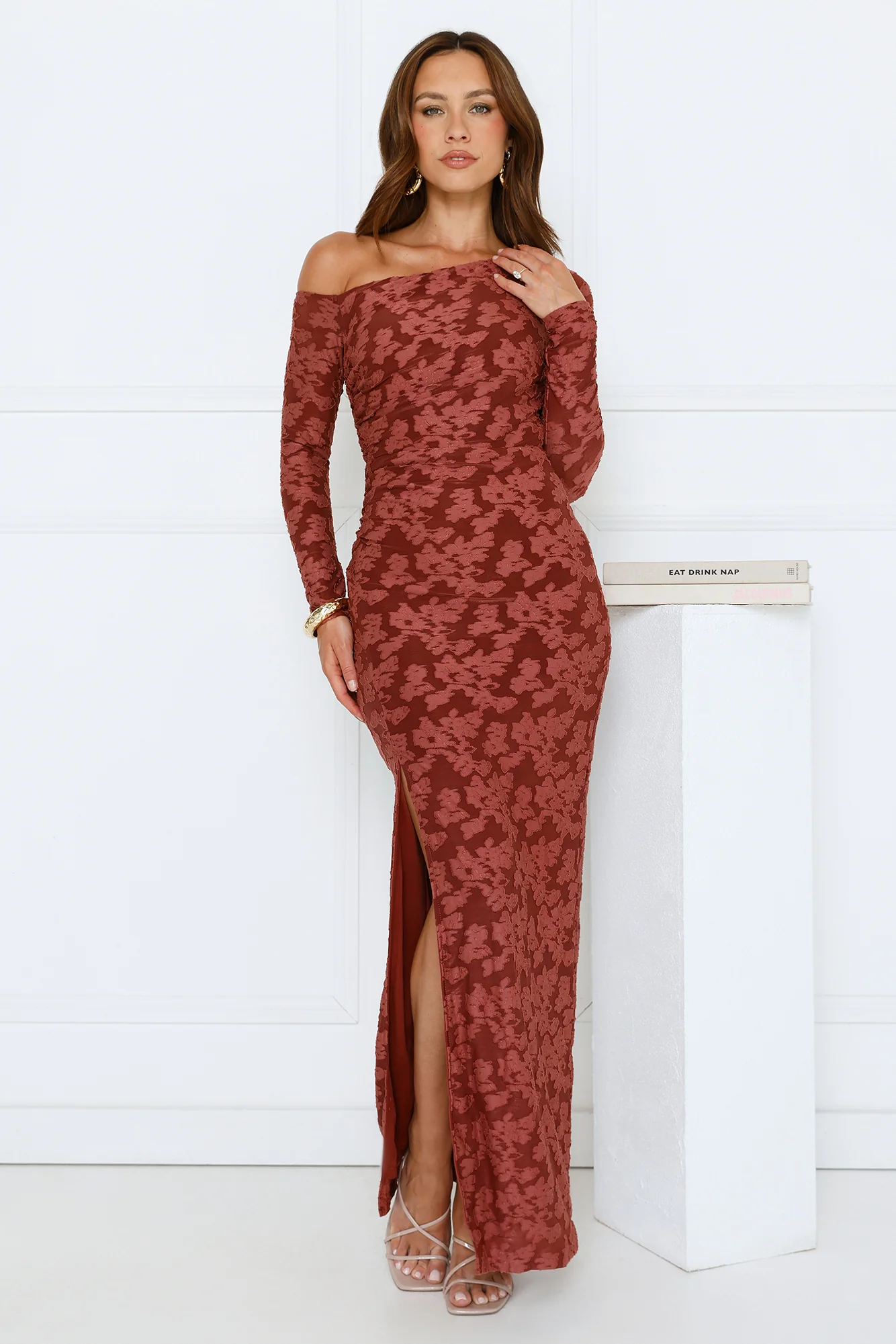 Aurora Lullaby Off Shoulder Maxi Dress Rust